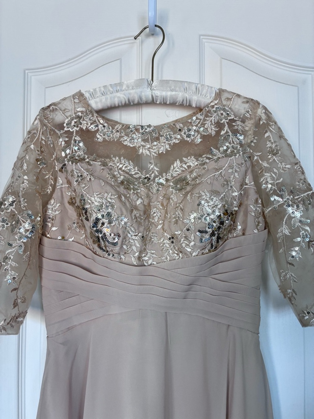 Embroidered Illusion Midi Dress in Champagne